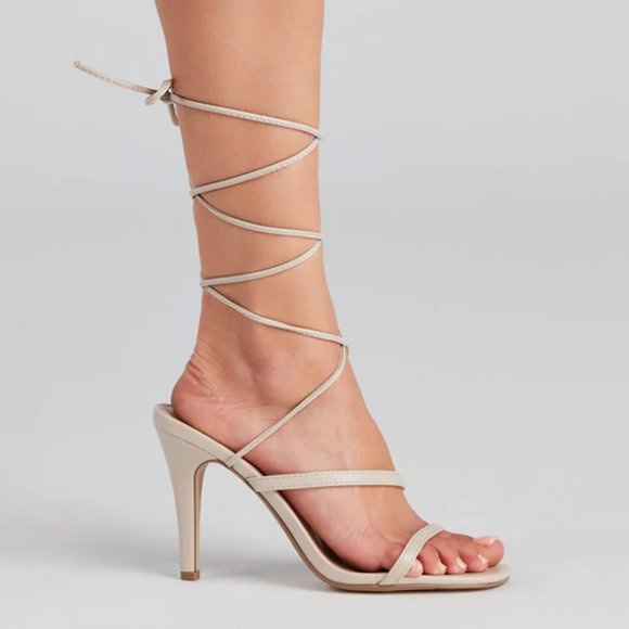 NEW Strappy Ankle Lace-Up High Stilettos Heel Barely There Sandals Shoes Bone - Picture 8 of 13